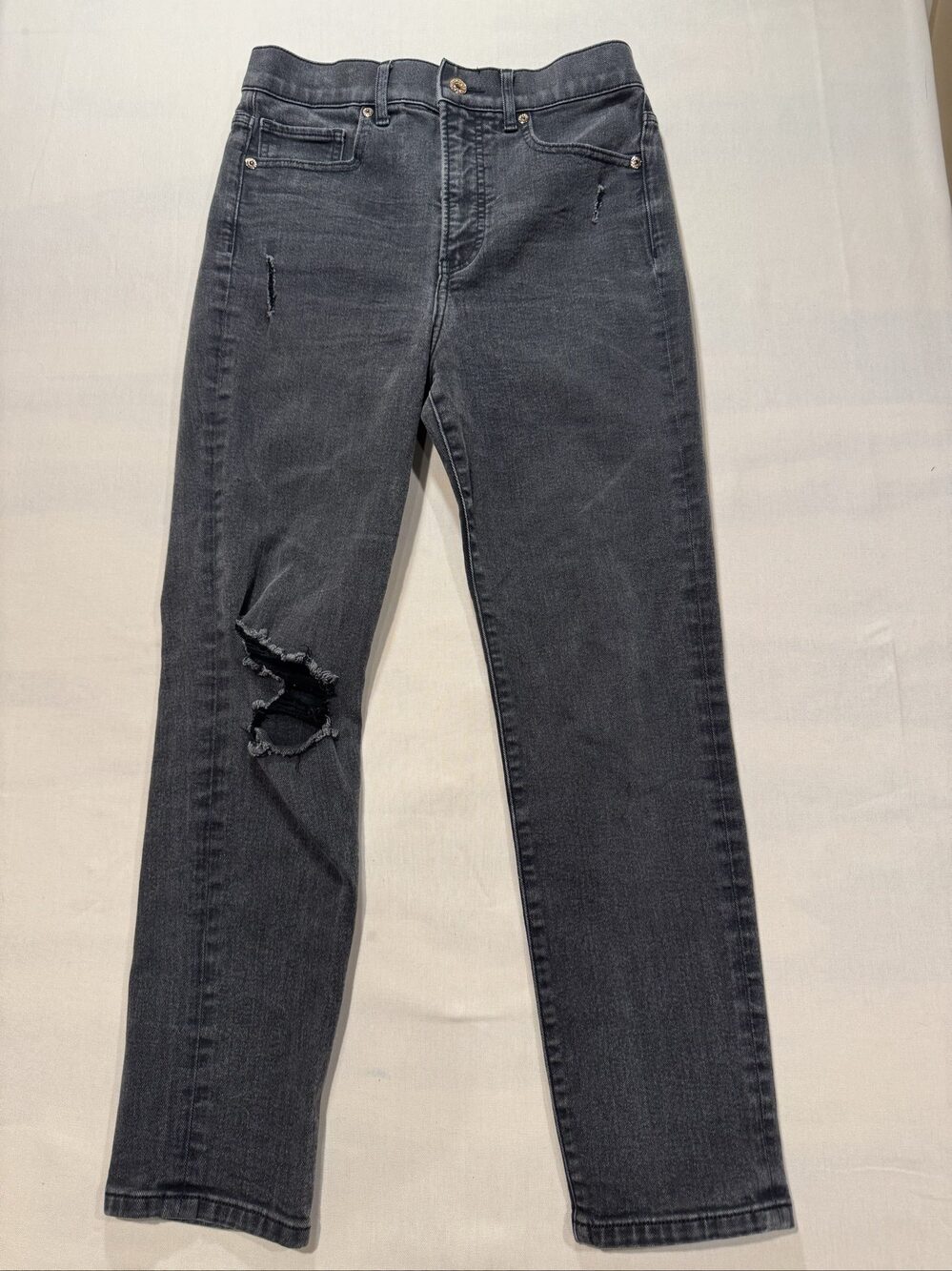 Women’s Express Super High Waisted Slim Jeans – Washed Black Gray Distressed – 6